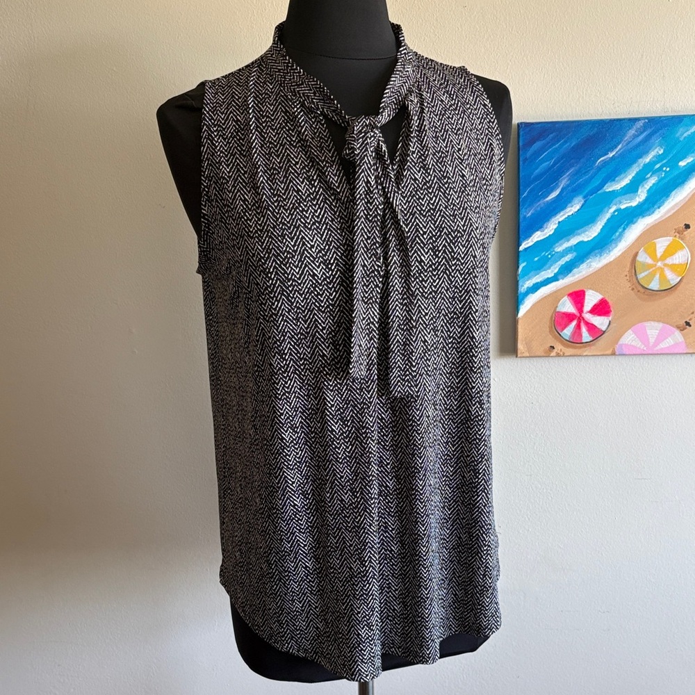 George Black & White Tie-Neck Sleeveless Chevron Blouse